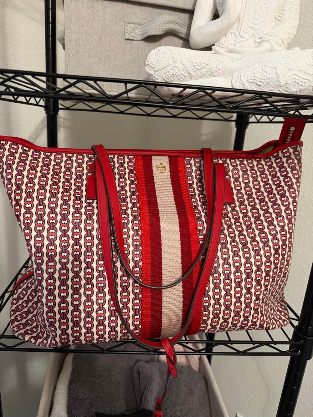 Red Patterned Stripe Tote Bag with Contrast Trim